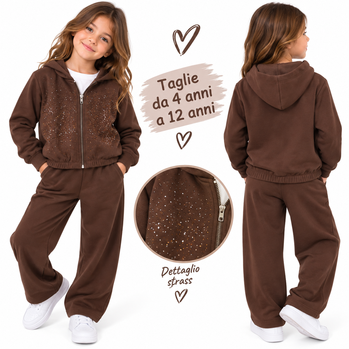 Tuta felpata maglia manica lunga felpa corta con cappuccio e brillantini Art 5035